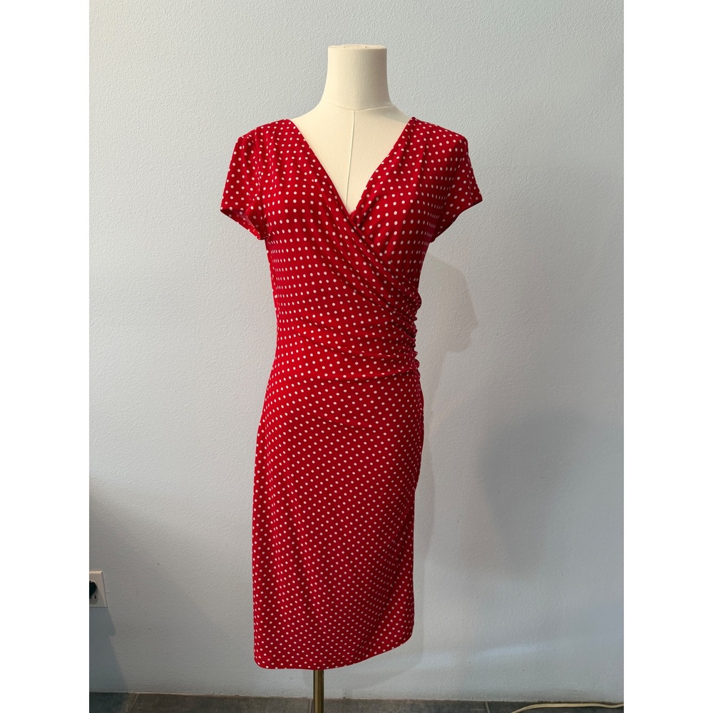 Joseph Ribkoff Red Polka Dot Faux Wrap Ruched Sheath Dress Retro Pinup Size 6